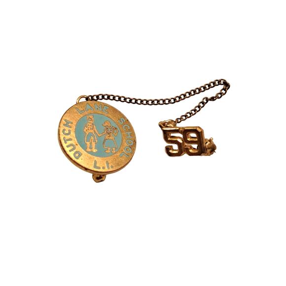 Vintage Class Pin Dutch Lane School Long Island 1959 Gold Tone Metal w/ Blue - Picture 1 of 4